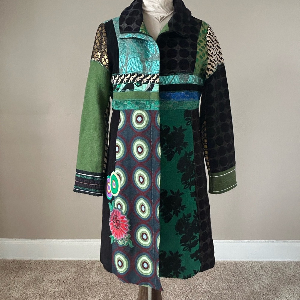 Desigual Green and Black Patchwork Mixed-Print Pea Coat